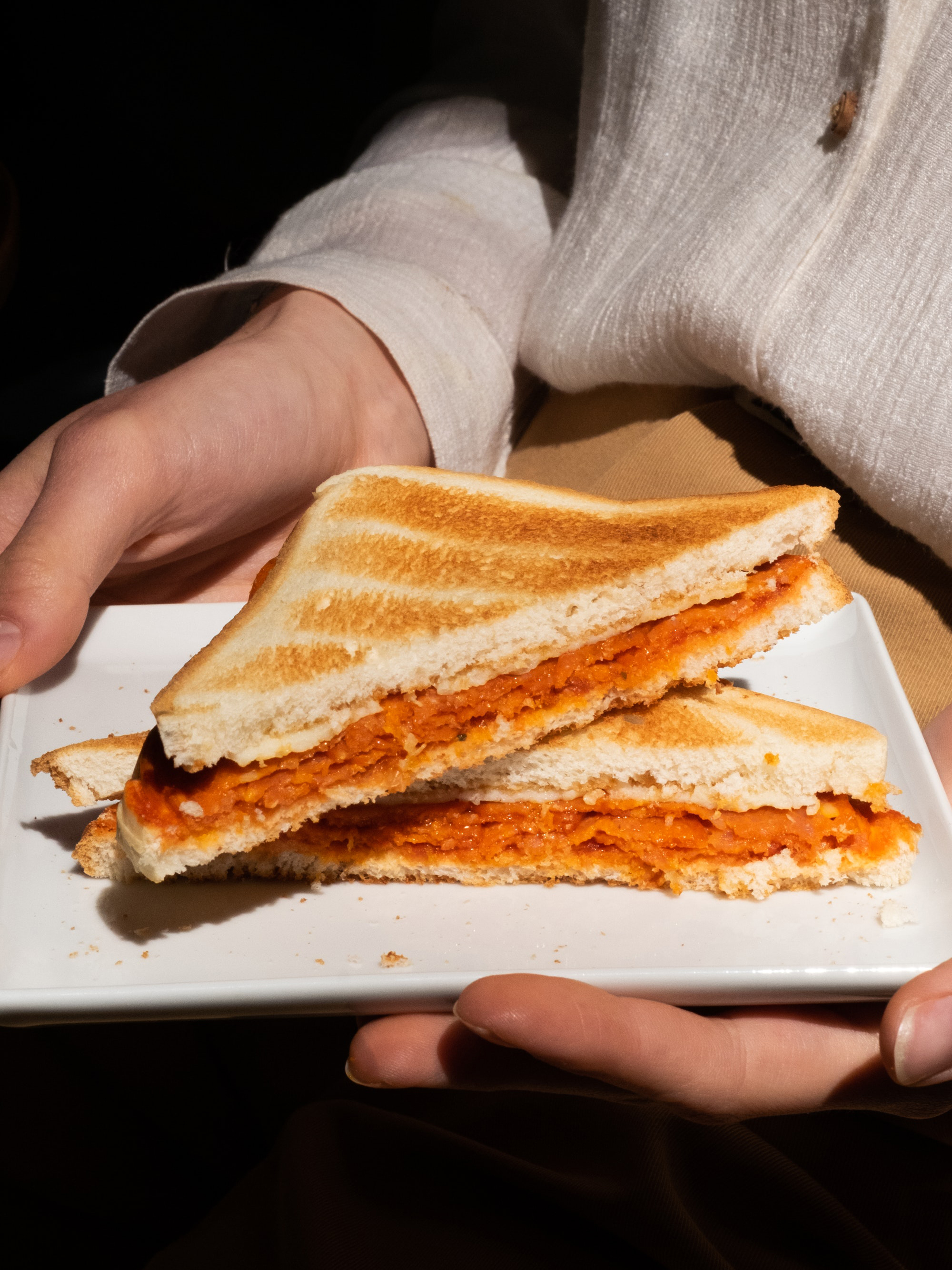 Person holding a plate with a toasted buffalo chicken melt sandwich.